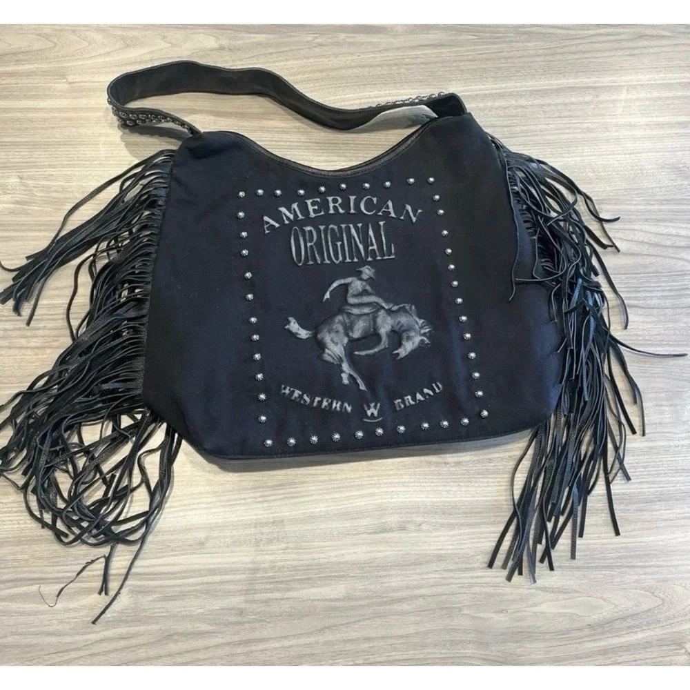 Raviani Black Fringe‎ Hand Bag American Original Bronco Logo Studded 19" - Picture 7 of 7